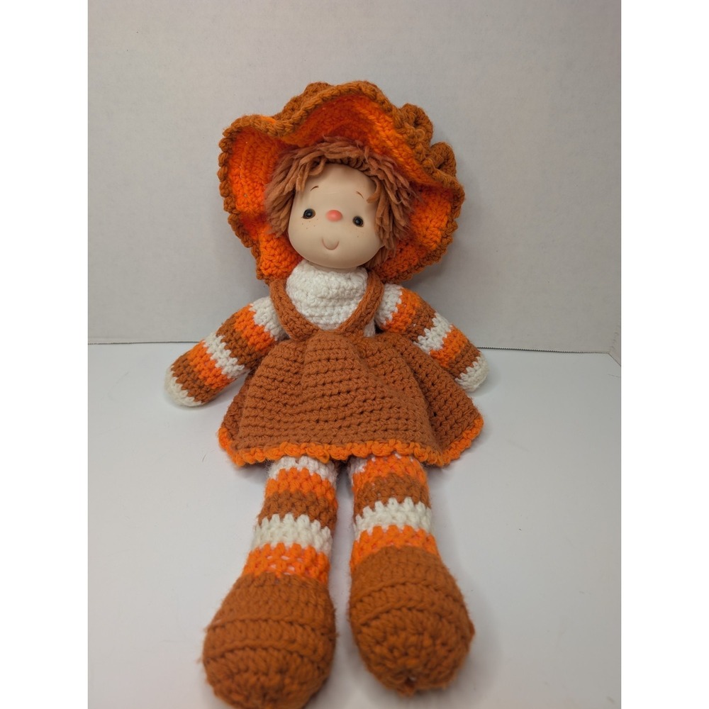 Vintage Crochet Rag Doll Yarn Hair Orange Brown White Handmade 18" Plush Soft...